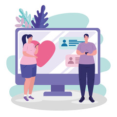 computer with woman and man chatting design, Virtual dating and relationship theme Vector illustration