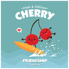 Vintage fruit poster design with vector cherry character. 