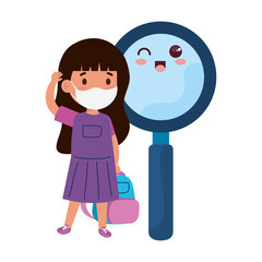 girl student wearing medical mask to prevent coronavirus covid 19 cute magnifying glass kawaii vector illustration design