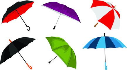 Set of Simple Vector Design of Umbrella in Black, Purple, Red, Green, and Blue