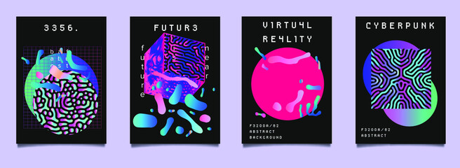 Cyberpunk and vaporwave style posters for music party with neon geometric shapes on dark background. Retrofuturistic aesthetics of 80's - 90's.