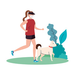 Obraz na płótnie Canvas woman with mask and sportswear running with dog design of medical care and covid 19 virus theme Vector illustration