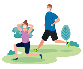 Social distancing between man and woman with masks running at park design of Covid 19 virus theme Vector illustration