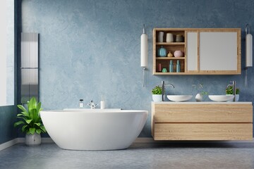 Modern Bathroom interior design on dark blue wall.