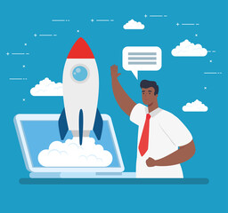 man with rocket in laptop design, Start up plan idea strategy and marketing theme Vector illustration