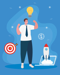 man with rocket in laptop design, Start up plan idea strategy and marketing theme Vector illustration