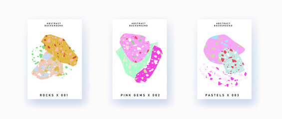 Modern and trendy templates with hand drawn natural marble rocks with terrazzo texture. Contemporary abstract collage brochure, flyer, poster, magazine cover. Vector illustration.