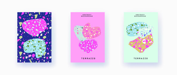 Modern and trendy templates with hand drawn natural marble rocks with terrazzo texture. Contemporary abstract collage brochure, flyer, poster, magazine cover. Vector illustration.