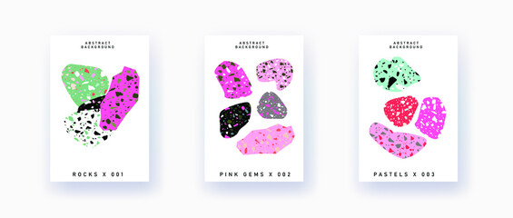 Modern and trendy templates with hand drawn natural marble rocks with terrazzo texture. Contemporary abstract collage brochure, flyer, poster, magazine cover. Vector illustration.