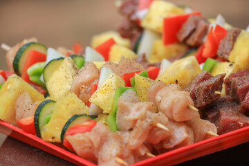 raw chicken and beef kebabs