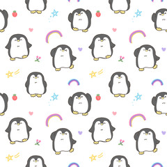 Seamless Pattern with Cute Cartoon Penguin Design on White Background