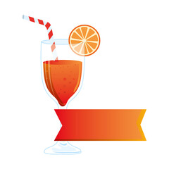 cocktail glass, refreshing coctail with orange slice and label vector illustration design