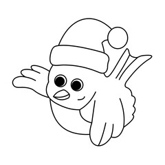 Coloring of Blue Bird Wearing a Santa Hat Cartoon, Cute Funny Character, Flat Design