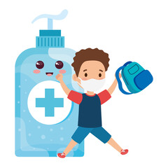 student boy wearing medical mask to prevent coronavirus covid 19 with cute bottle disinfection vector illustration design