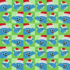 Blue Bird Wearing a Santa Hat Cute Illustration, Cartoon Funny Character, Pattern Wallpaper 