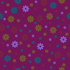 Seamless Multi Color Flowers with dark pink background Vector Pattern Design. Great for fabric, textile, background, wallpaper, giftwrap, 