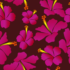 Seamless Tropical Hibiscus Flower vector Pattern. Pink gradient with maroon background. Ideal for fabric, textile, scrapbook, mugs, book covers, gift wrap, wallpaper, etc
