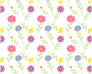 Fototapeta na wymiar コスモスの花柄のシームレスパターン　カラフルな花びらの背景画像　