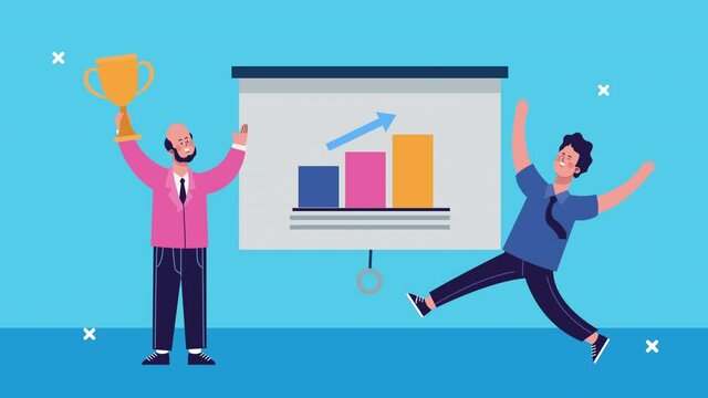 businesmen with trophy and statistics bars characters animated