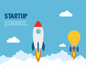 rocket and light bulb at sky design, Start up plan idea strategy and marketing theme Vector illustration