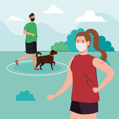 Social distancing between man and woman with masks running with dog at park design of Covid 19 virus theme Vector illustration