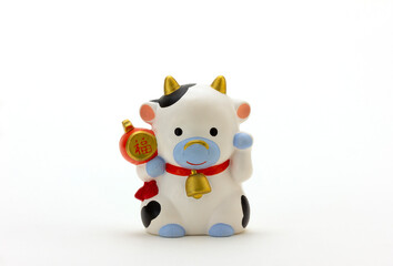 年賀状素材、手招きする牛、