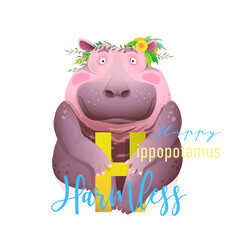 Animal alphabet for children, letter H is for Hippopotamus. Cute happy hippo representing letter H, wearing flowers wreath. beautiful 3d realistic ABC collection for kids. Vector cartoon illustration.