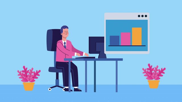 businessman using desktop in the office character animated