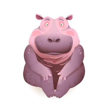 Body positive happy and smiling hippopotamus sitting, river animal character isolated clipart. Cute happy hippo beautiful 3d realistic drawing for kids. Vector cartoon illustration.