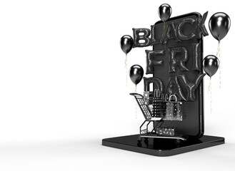 Black Friday 3D Rendering. Business Concept Marketing and Digital online marketing with black letters, balloon, shopping bags, shopping cart and smartphone on a white background. Blank copy space