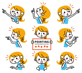 色んな方向を指さす女性　気づく　驚く