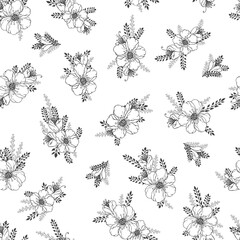 Vector seamless pattern with hand drawn flowers. Floral monochrome backgrounds.