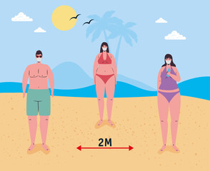 Social distancing between boy and girls with medical masks at the beach design, Summer vacation tropical and covid 19 virus theme Vector illustration