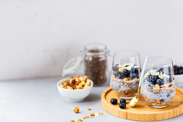 Chia pudding with granola and fresh blueberries in the glasses on a gray concrete background with copy space. Concept of healthy eating, healthy lifestyle, dieting, fitness menu. Selective focus