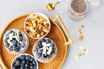 Chia pudding with granola and fresh blueberries in the glasses on a gray concrete background with copy space. Concept of healthy eating, healthy lifestyle, dieting, fitness menu. Selective focus