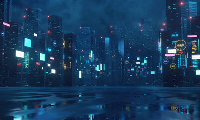 3D Rendering of billboards and advertisement signs at modern buildings in capital city with light reflection from puddles on street. Concept for night life, never sleep business district center (CBD)