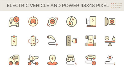 Electric vehicle and power energy vector icon set design, 48x48 pixel perfect and editable stroke.