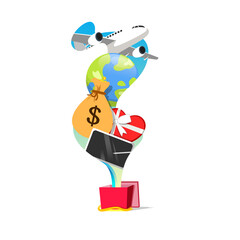 Gift boxes bring up various things. Birthday gift illustration. Vector illustration isolated on white background