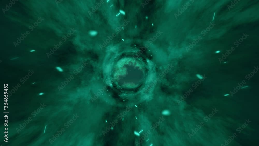 Poster abstract cloud storm tunnel travel animation loop turquoise green color. 4k 3d render abstract storm