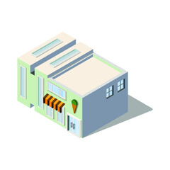 Ice cream store with a logo. Isometry architecture. In modern style