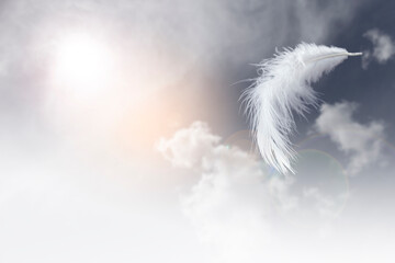 Light fluffy a white feather floating in the sky with cloudy.