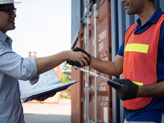 Businessmen ceo manager Customs Broker shake hand Shipper cargo Agreement Packing list Certificate...