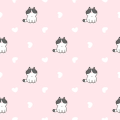Seamless Pattern of Cartoon Cat and Heart Design on Light Pink Background