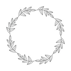 Fototapeta na wymiar Round wreath frame. Contour black-and-white drawing of abstract plants.