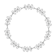 Round frame wreath with hearts. Outline black-and-white drawing.