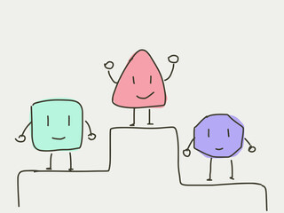 Three cartoon character standing on the podium. Success and wining concept in flat style doodle. Happy competitors in the white background. Sharing the success happiness. Business sports concept. 