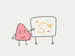 1 cartoon character standing in front of the whiteboard with road map and goal map. Presentation or pitch or having meeting. Discussing and brainstorming. Seminar or other kind of meeting concept. 