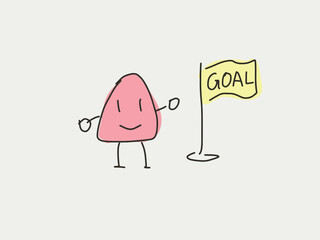 Cartoon character holding the goal flag. Success and achievement concept. Happy doodle figure showing confidence and happiness after achieving the goal in the white background. Business and finance