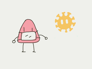 Cartoon character wearing face mask against the dangerous coronavirus or flu. Medical and disease concept depicted by the cute cartoon figure. Triangle like red elf in the white background.
