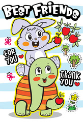 Cute rabbit and turtle cartoon illustration for t shirt